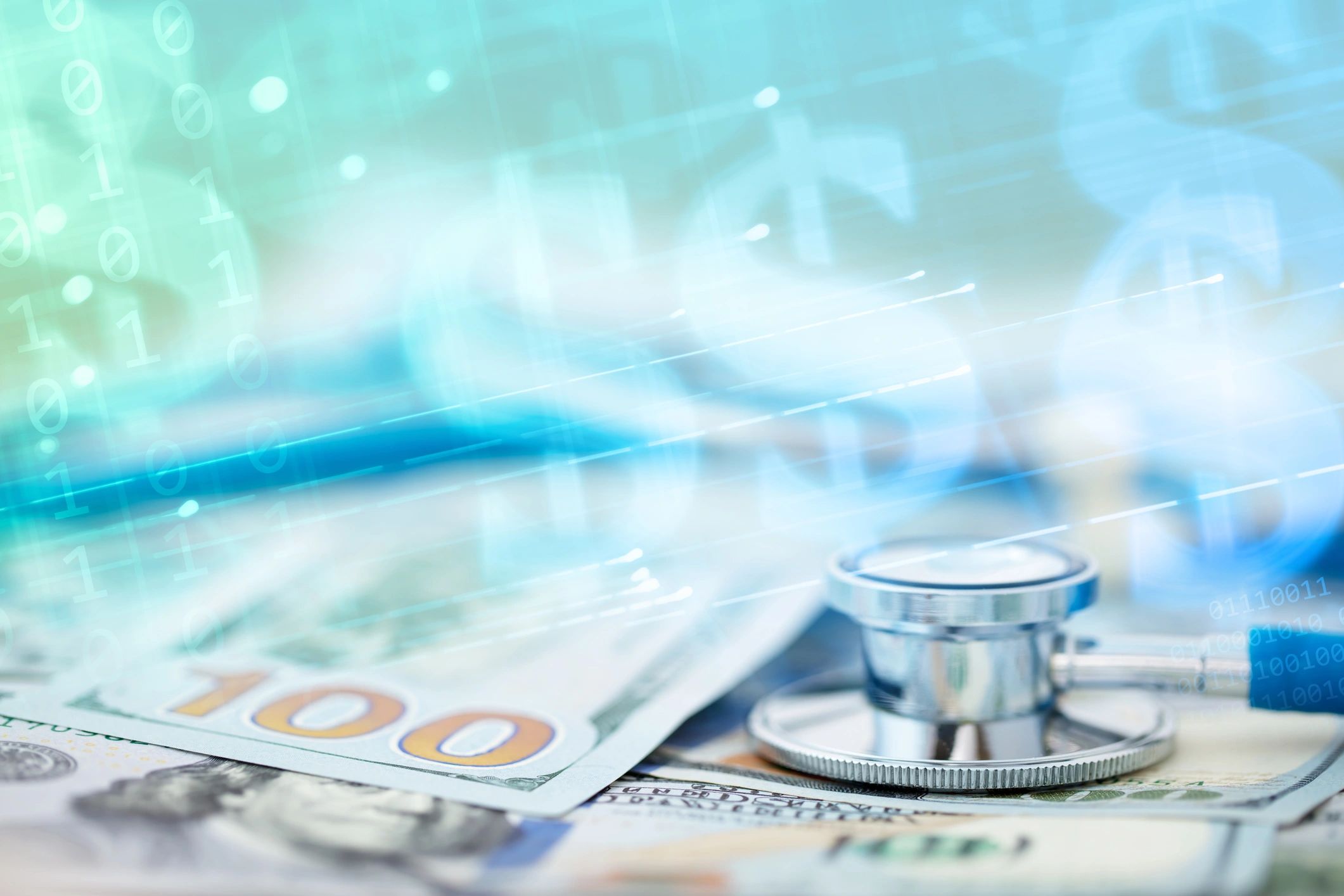 Healthcare finance and technology concept with stethoscope and currency.